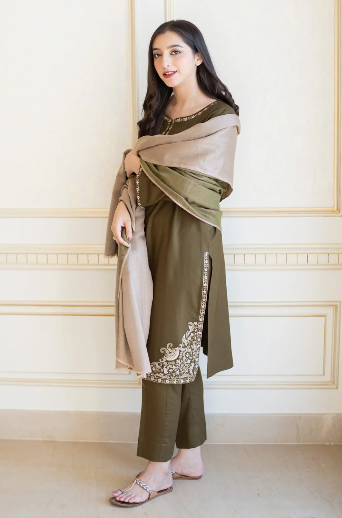 Mehndi Dhanak Embroidered 3 piece With Dhanak Shawl FCC-885