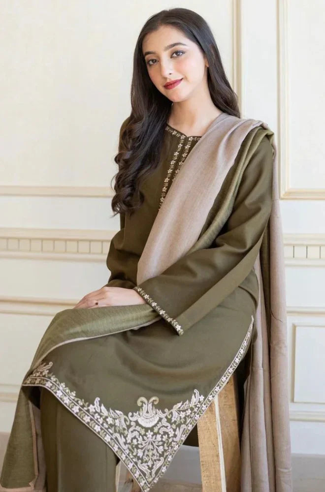 Mehndi Dhanak Embroidered 3 piece With Dhanak Shawl FCC-885