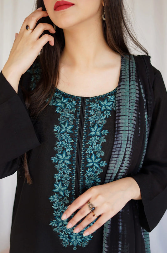 Black Dhanak Embroidered three piece Fcc-886