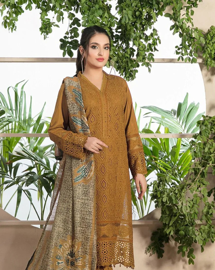 Chikenkari lawn Embroidered Three Piece Collection (D-762 Musturd)