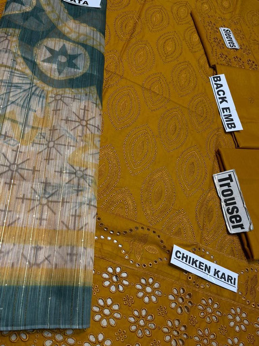 Chikenkari lawn Embroidered Three Piece Collection (D-762 Musturd)