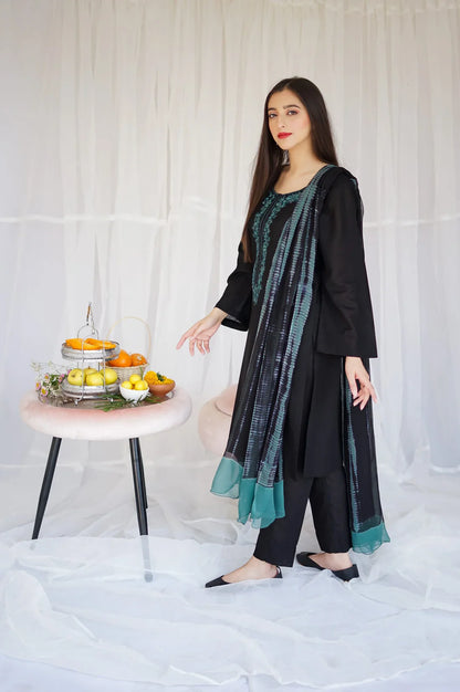 Black Dhanak Embroidered three piece Fcc-886