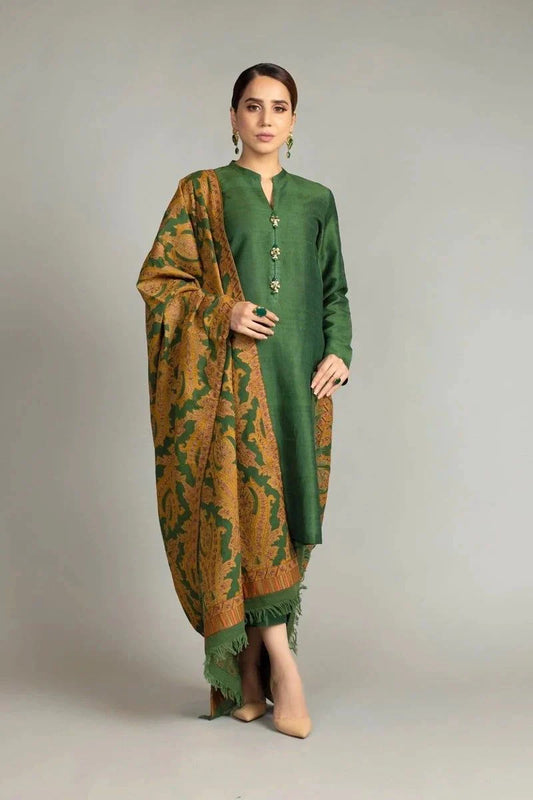 Woman wearing a green outfit with a patterned shawl on a plain background