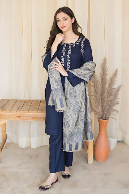 Blue Dhanak Embroidered 3 piece With Woolen Duppata Fcc-841