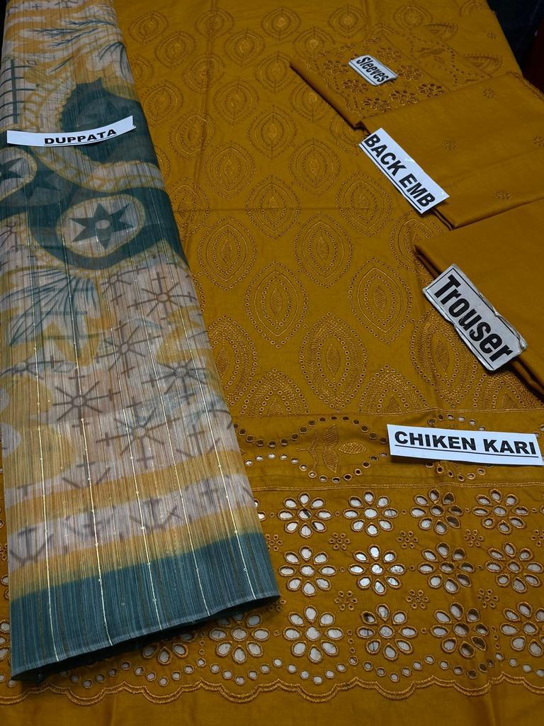 Chikenkari lawn Embroidered Three Piece Collection (D-762 Musturd)