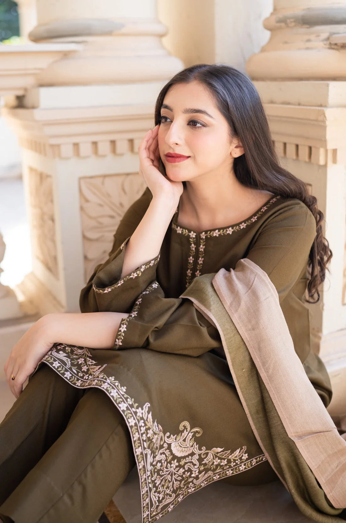 Mehndi Dhanak Embroidered 3 piece With Dhanak Shawl FCC-885