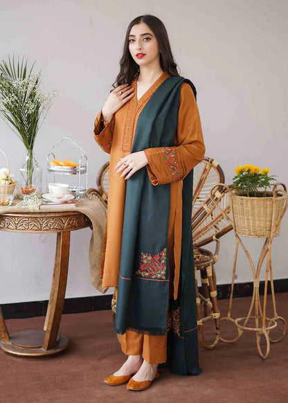 Embroidered Three Piece With Dhanak Duppata Fcc-476 (Musturd Dhanak)