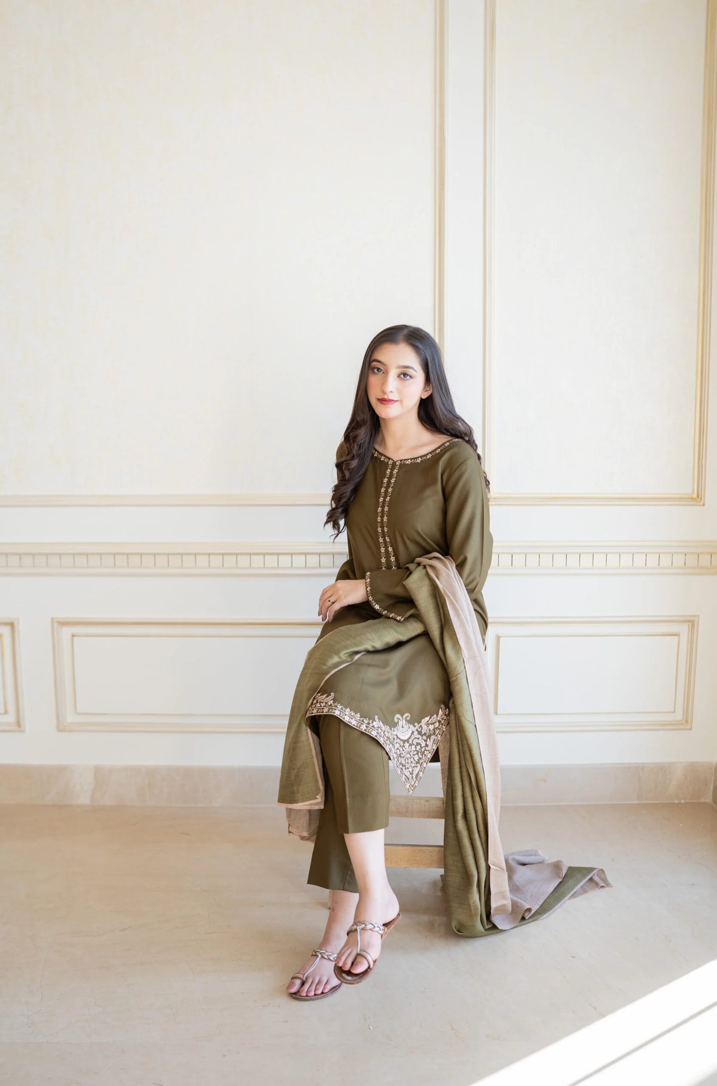 Mehndi Dhanak Embroidered 3 piece With Dhanak Shawl FCC-885