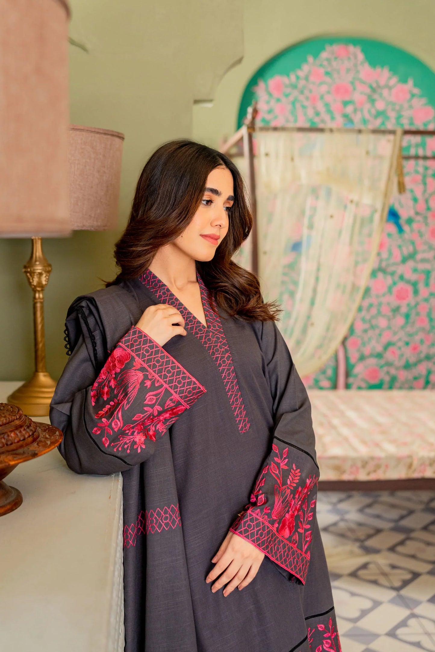Embroidered Dhanak 3 Piece fcc-843 Black