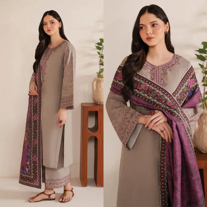 Garnet Embroidered Dhanak 3 Piece Shahmina