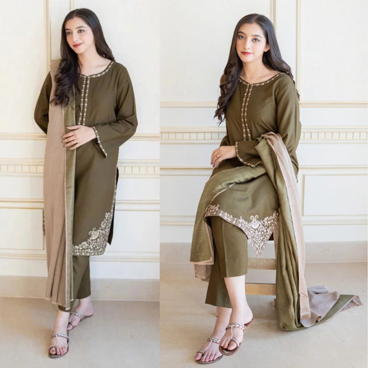 Mehndi Dhanak Embroidered 3 piece With Dhanak Shawl FCC-885