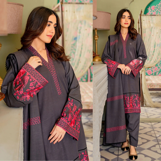 Embroidered Dhanak 3 Piece fcc-843 Black