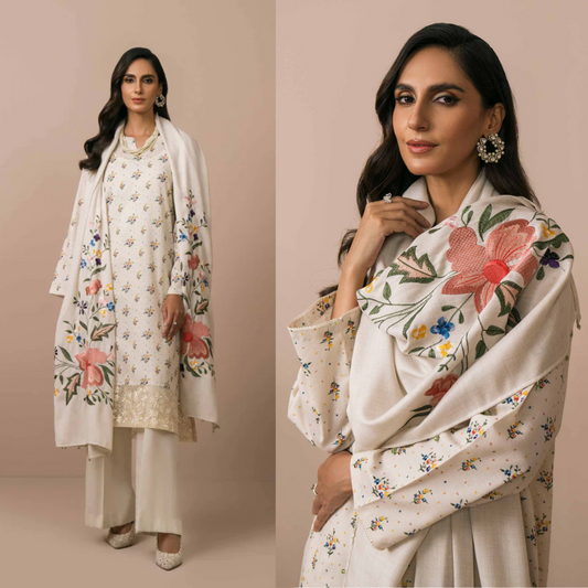 Nishat Embroidered Dhanak Off White Three Piece NL-755