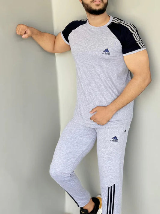 004 blue LOGO & BLUE PANEL COMFORTABLE FOR GYM WEAR COTTON TRACKSUIT - GREY