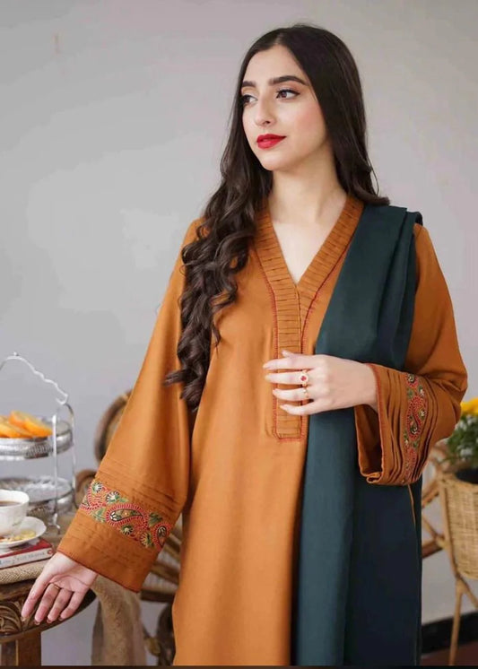Embroidered Three Piece With Dhanak Duppata Fcc-476 (Musturd Dhanak)