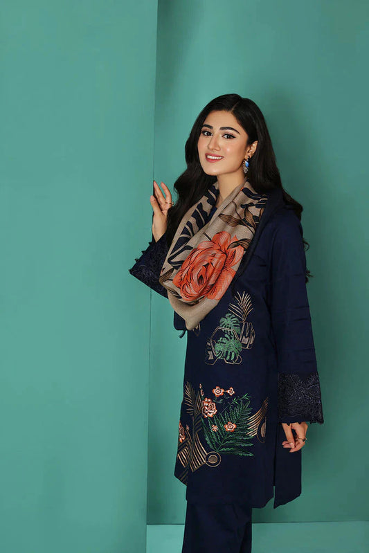 Nishat Blue Dhanak Embroidered Three Piece With Silk Woolen Shawl 539